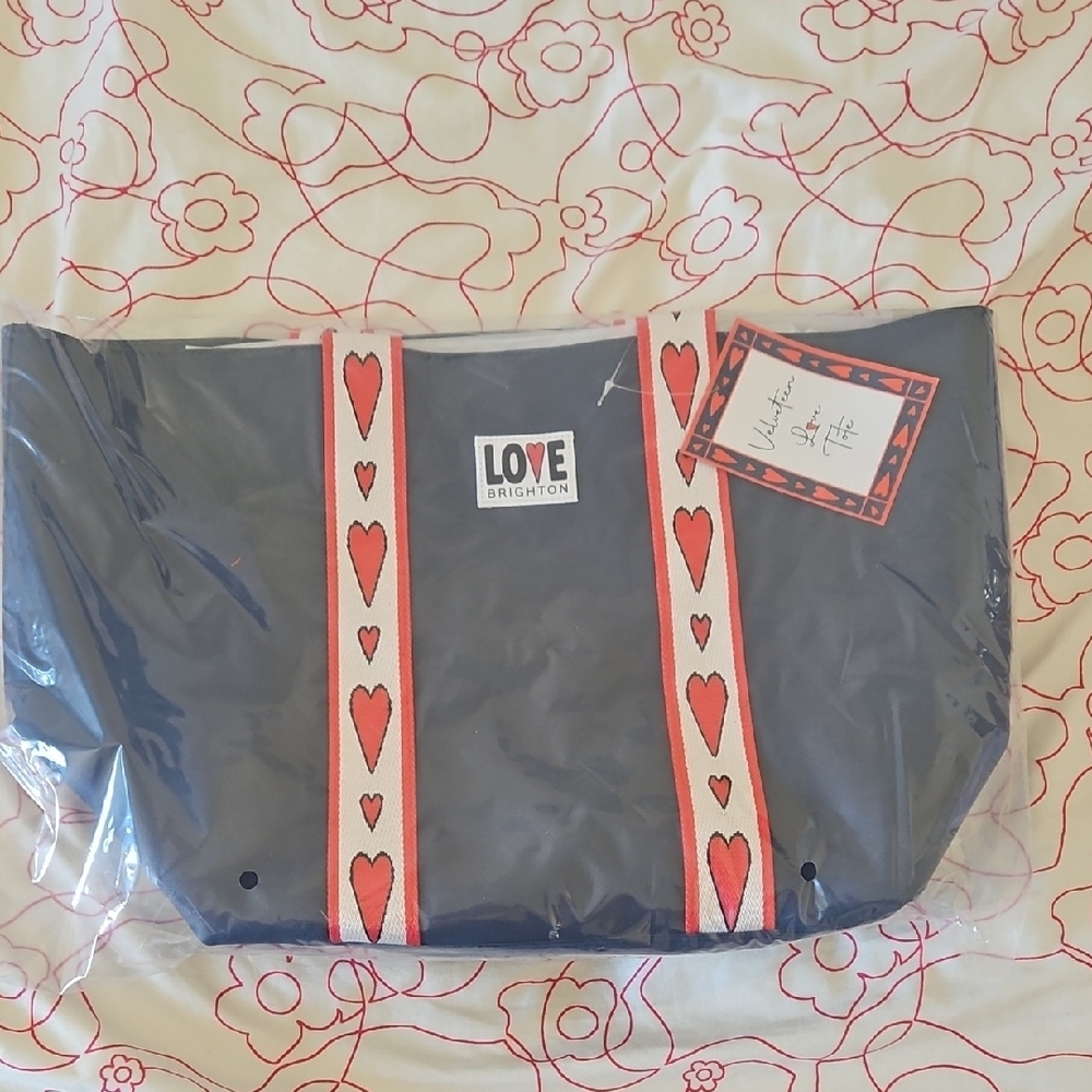Brighton Blue Tote Bag with Red Hearts